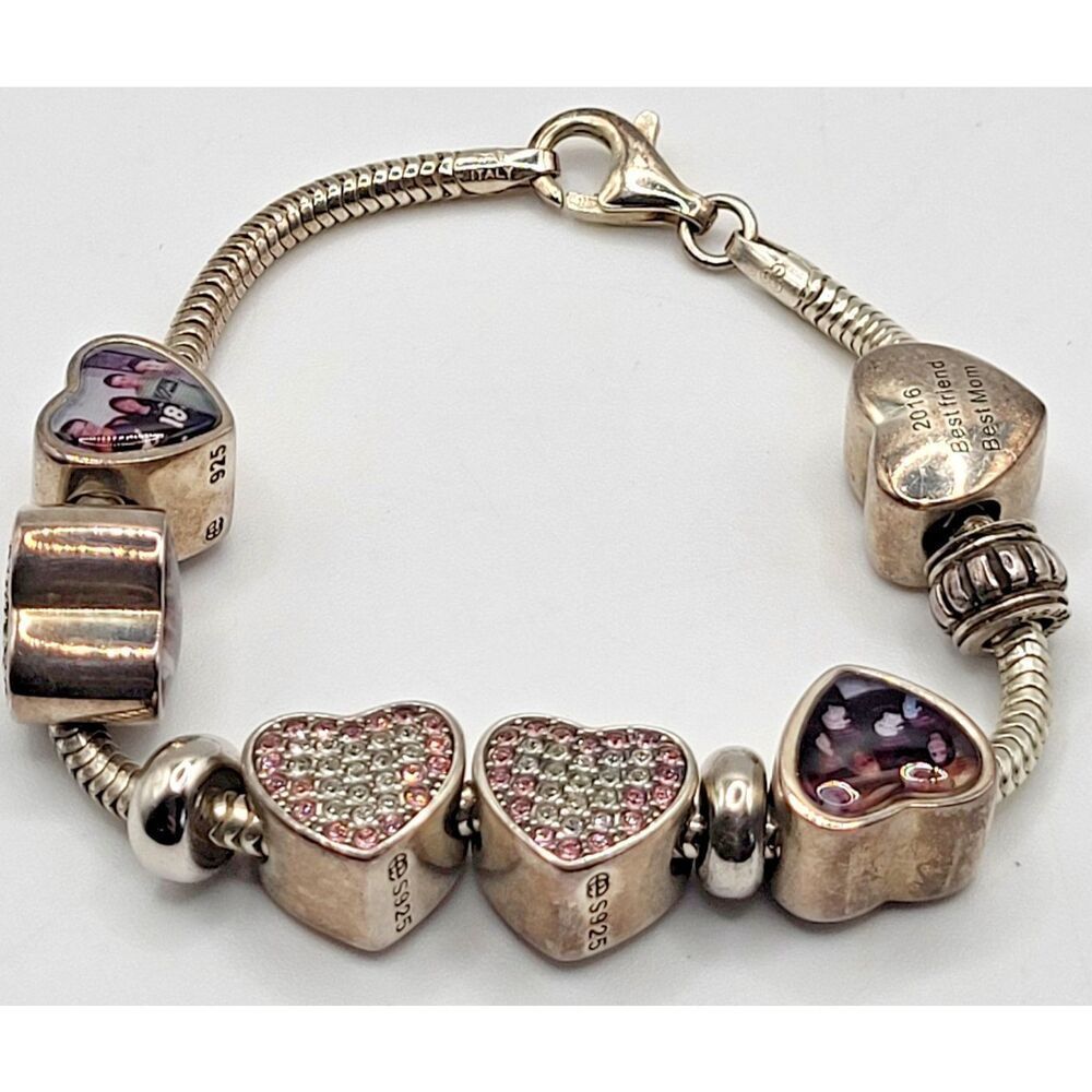 Sterling Silver Family Charm Bracelet Hearts 28g 7in